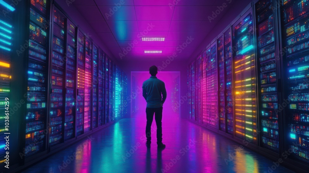 A technician stands in a server room with colorful lights and data connections. A technician stands in a server room with colorful lights and data connections.