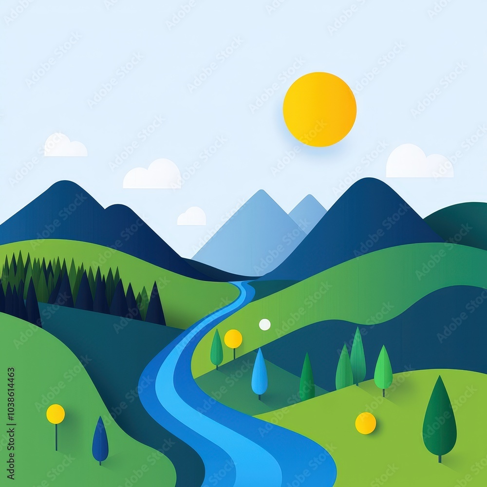 Obraz premium A vibrant, colorful landscape featuring a winding river, sunny sky, and lush hills. This minimalist design evokes a sense of peace and tranquility in nature.