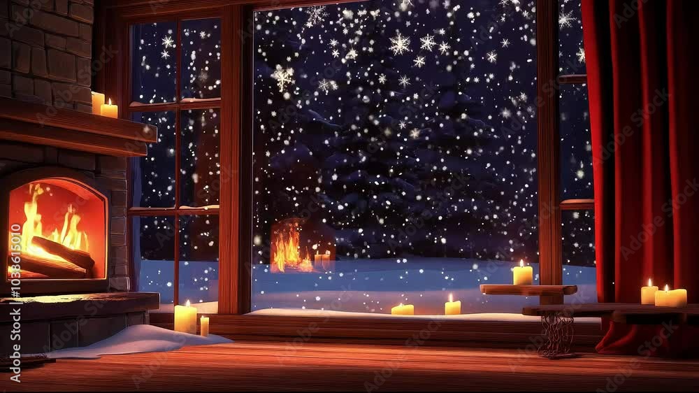 A cozy cabin interior with a fireplace burning brightly, candles glowing, and a snowy night scene viewed through a window.