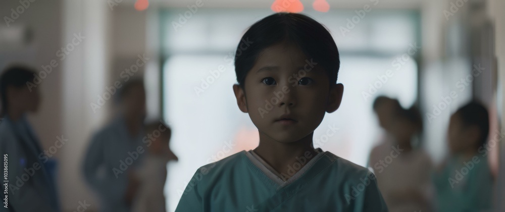 Fototapeta premium young boy in a hospital gown is standing in a hallway