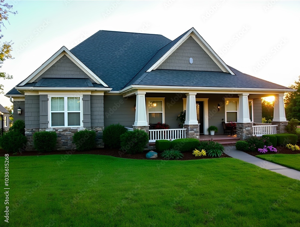 Beautiful home exterior in evening with healthy green lawn and flowerbeds, house garden grass yard with flower and red plants for new real estate property luxury mortgage buy residential at sunset Beautiful home exterior in evening with healthy green lawn and flowerbeds, house garden grass yard with flower and red plants for new real estate property luxury mortgage buy residential at sunset