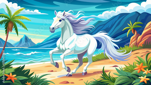 a beautiful white horse galloping on the beach by the sea