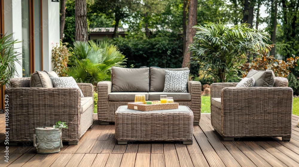 Fototapeta premium A cozy outdoor lounge area with wicker patio furniture, including cushioned chairs and a coffee table on a wooden deck.