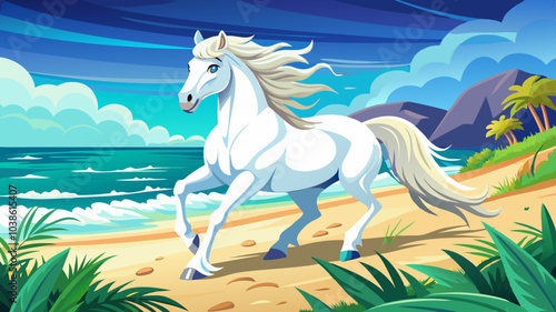 a beautiful white horse galloping on the beach by the sea