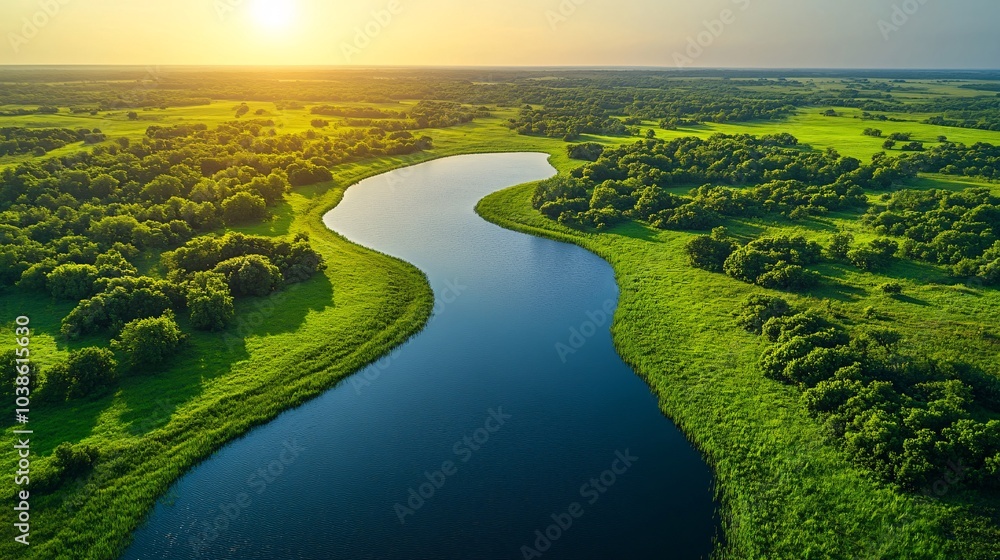 Aerial View of Curved River in Lush Green Landscape Aerial View of Curved River in Lush Green Landscape
