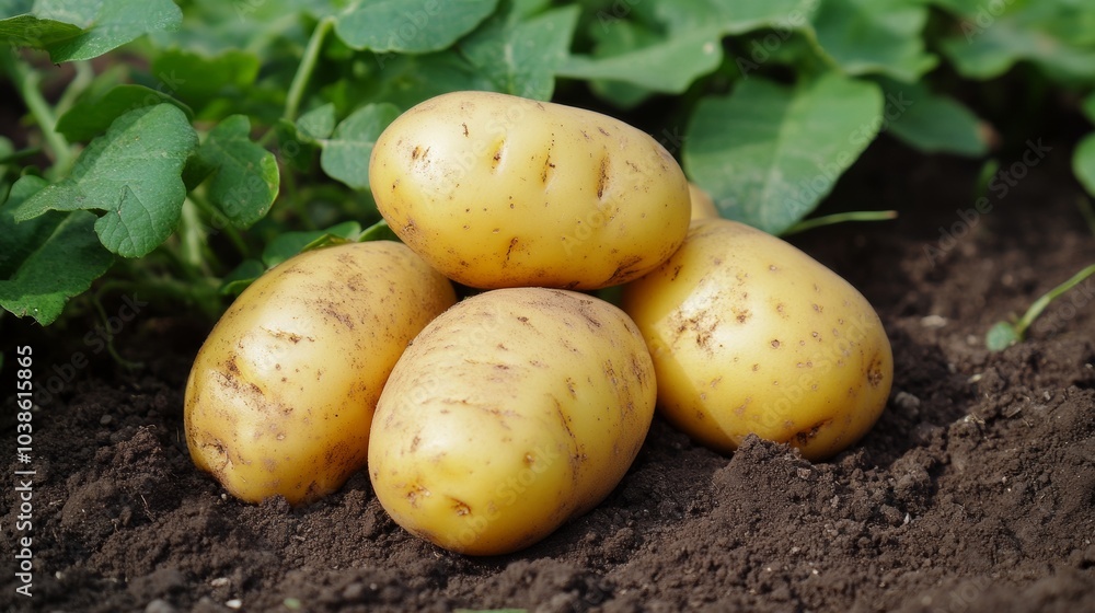 Potatoes, just dug from the ground, sit in a garden, reminding us of farming and healthy food. Potatoes, just dug from the ground, sit in a garden, reminding us of farming and healthy food.