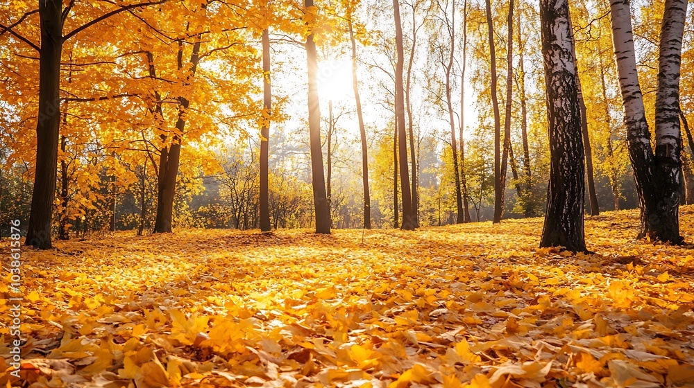 Obraz premium A serene autumn forest with a blanket of fallen leaves, tall trees with golden foliage, and soft sunlight filtering through the branches