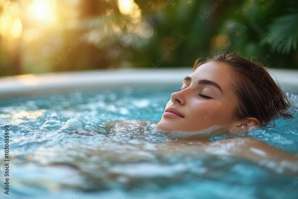Fototapeta premium A serene evening in a luxurious hot spring pool amidst a lush jungle retreat. Generative AI