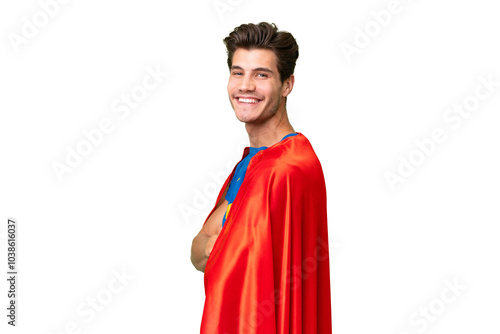 Super Hero caucasian man over isolated background with arms crossed and looking forward