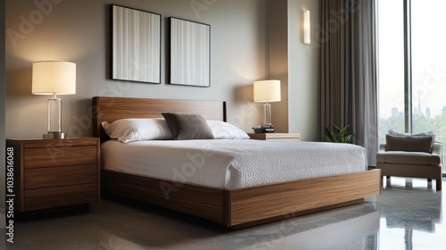 A bedroom designed with sleek, modern furniture, including a minimalist bed frame, dresser, and bedside lamps.