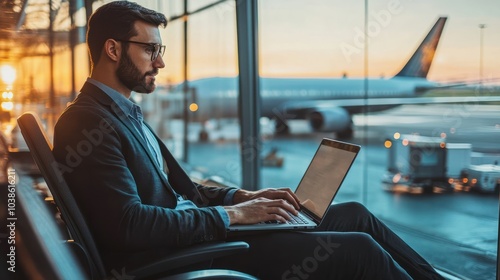 Airport Terminal: Businessman Uses Laptop Computer, Waiting for a Flight to International Conference. Traveling Entrepreneur Remote Work Online in a Boarding Lounge of Airline Hub with Airplanes