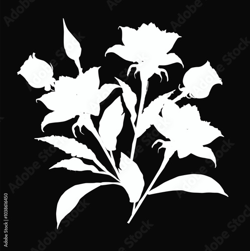 rose three blooms silhouette isolated on black