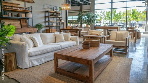 A boutique furniture shop with a variety of modern and rustic furniture on display, ready for customers to browse.