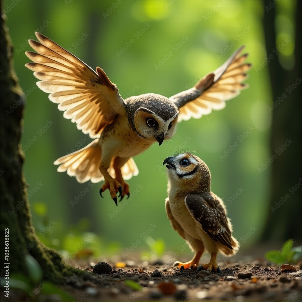 Fototapeta premium Learning to Fly: A Young Owl's Journey