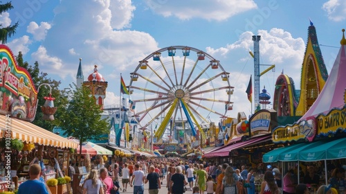 A vibrant fairground scene with a giant Ferris wheel, colorful rides, food stands, and diverse visitors enjoying games and attractions on a sunny day.