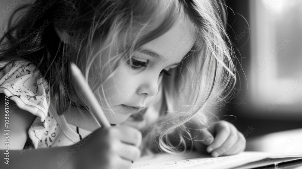 Obraz premium A focused girl in a black and white photo, draws or writes at a table, holding a pencil. Concentrated, she works on school or creative tasks with a timeless aura.