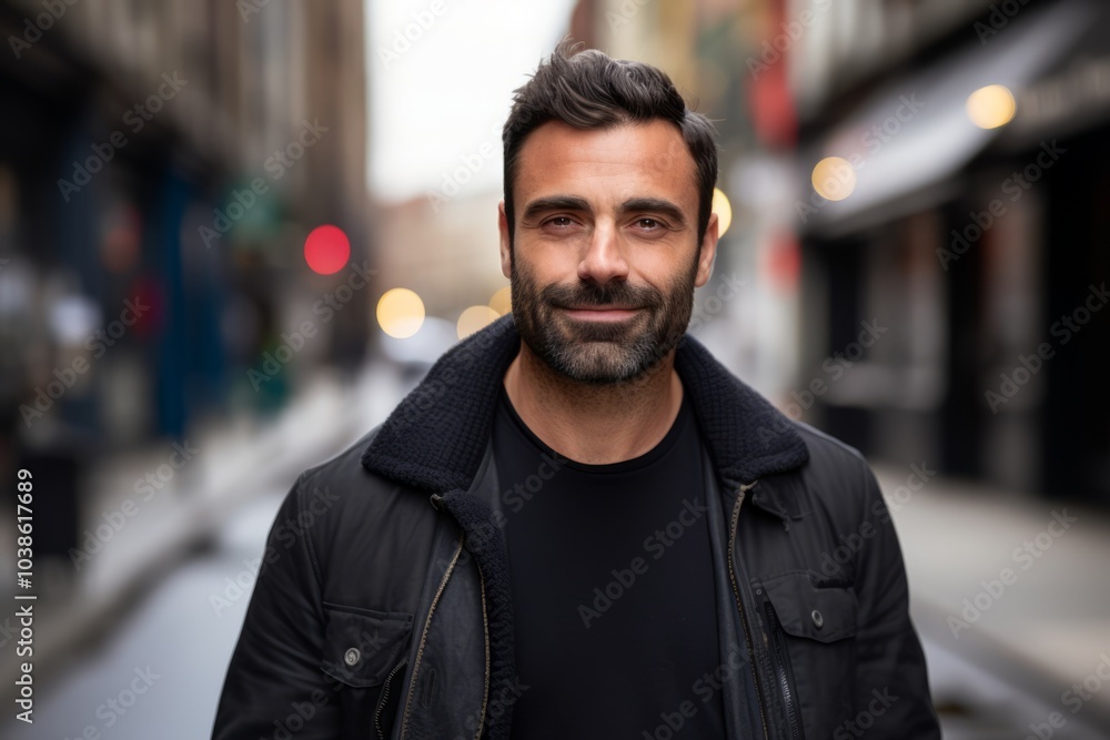 Portrait of a handsome middle-aged man with a beard in a black jacket on a city street Portrait of a handsome middle-aged man with a beard in a black jacket on a city street