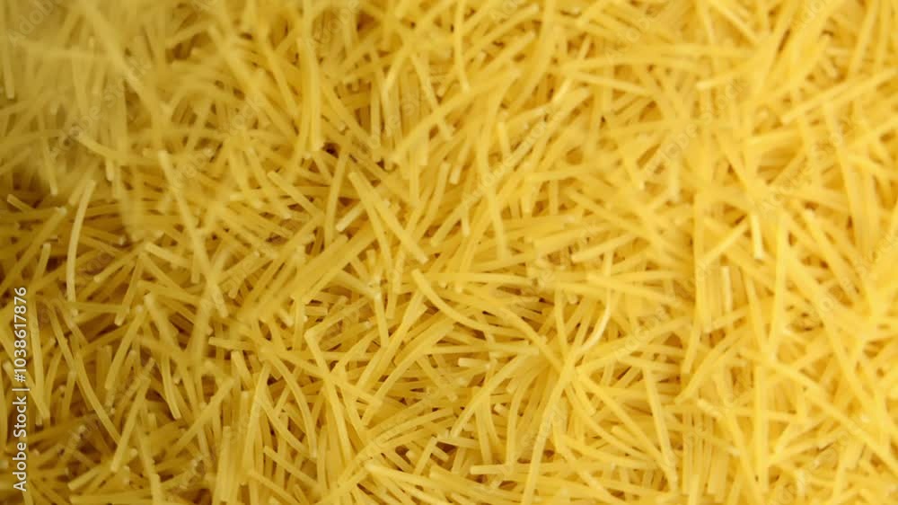 Raw vermicelli, turns and pours on top. View from above. Raw vermicelli, turns and pours on top. View from above.
