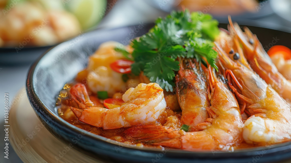 Fresh Shrimp Dish with Spicy Sauce and Garnish Fresh Shrimp Dish with Spicy Sauce and Garnish