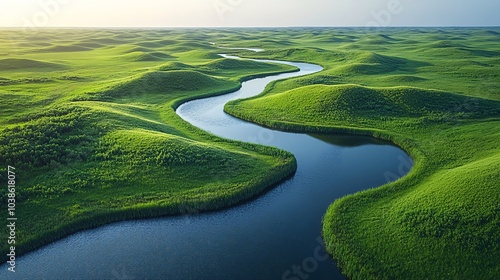 Aerial View of Serpentine River Through Green Hills