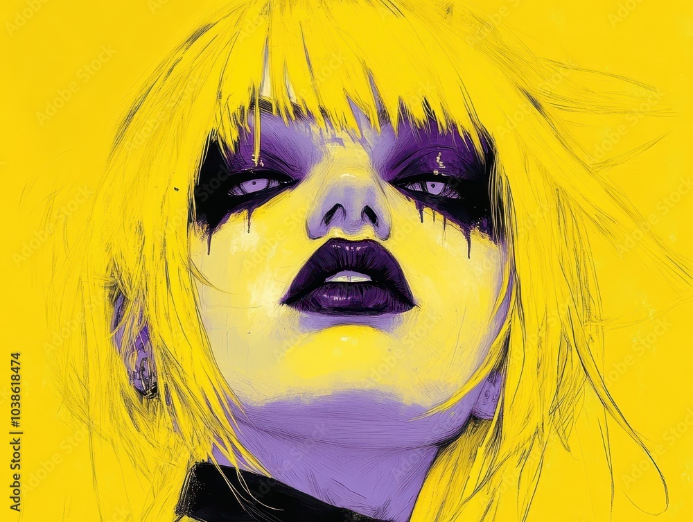 Fototapeta premium Digital artwork of a woman with vibrant yellow hair and bold black makeup against a striking yellow background.