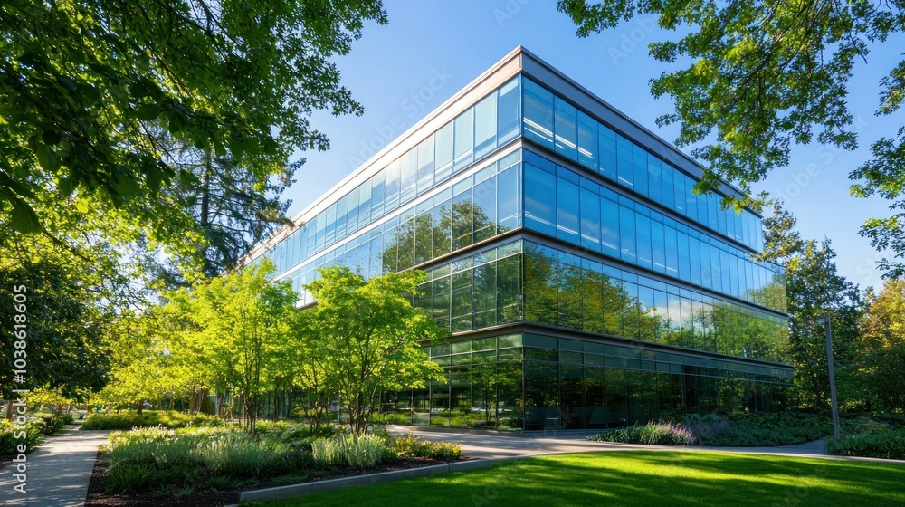 A contemporary office building with reflective glass windows and lush green trees surrounding it, basking in sunlight A contemporary office building with reflective glass windows and lush green trees surrounding it, basking in sunlight