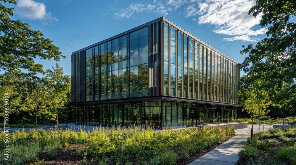 A contemporary office building with reflective glass windows and lush green trees surrounding it, basking in sunlight A contemporary office building with reflective glass windows and lush green trees surrounding it, basking in sunlight