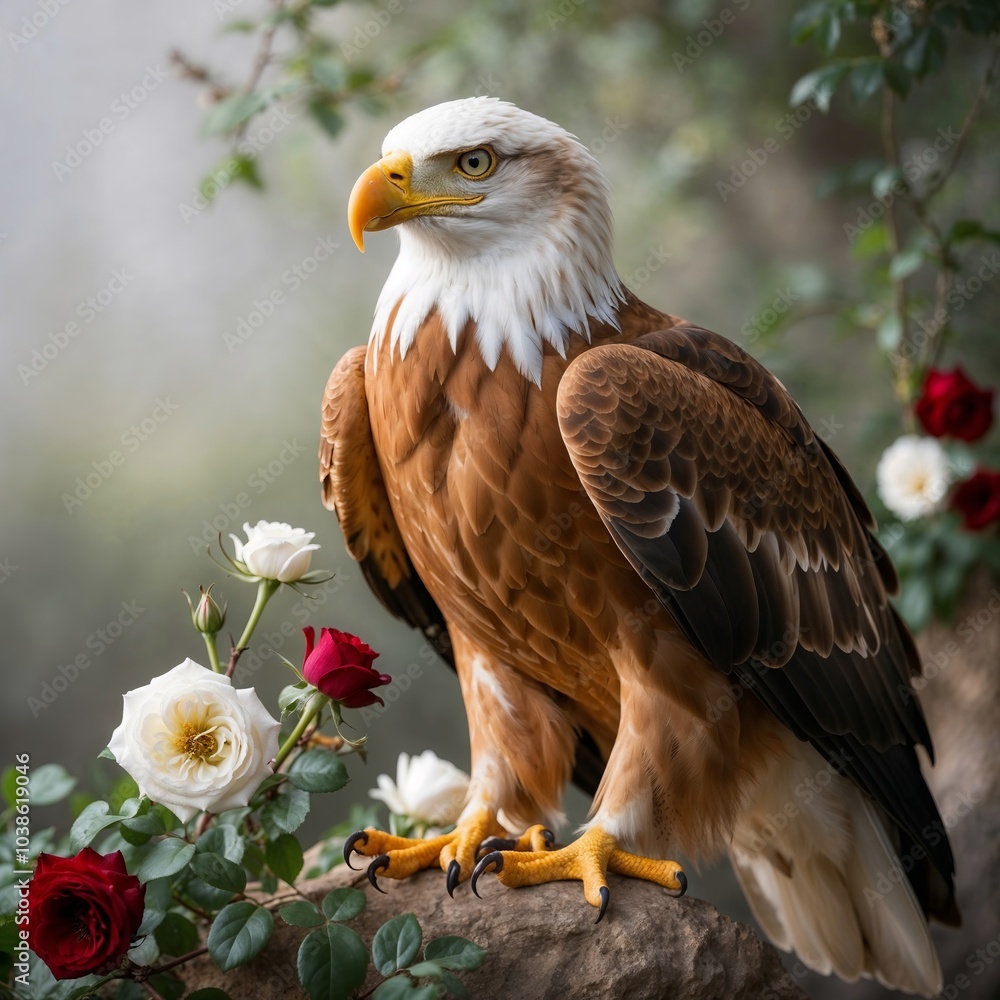 Obraz premium A majestic artistic portrait of a graciously posed Canadian golden eagle set against a serene natural background, amidst a delicate scatter of white and crimson roses.