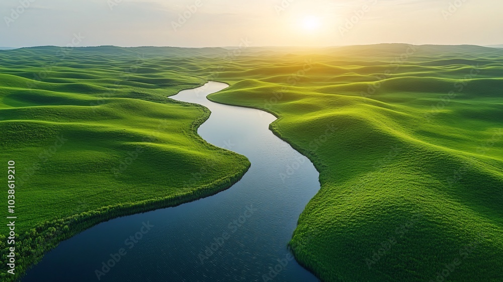 Aerial View of Serene Green Landscape with Water Ripples Aerial View of Serene Green Landscape with Water Ripples