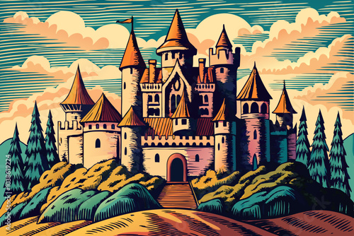 majestic castle vector with grass and trees, aesthetics sketch, green field background