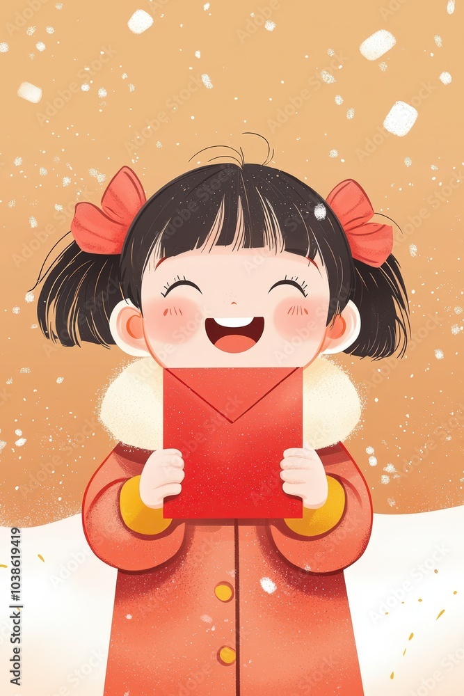 A cheerful child dressed in a warm coat holds a red envelope, smiling joyfully amidst falling snowflakes. Perfect for festive themes and winter joy. A cheerful child dressed in a warm coat holds a red envelope, smiling joyfully amidst falling snowflakes. Perfect for festive themes and winter joy.