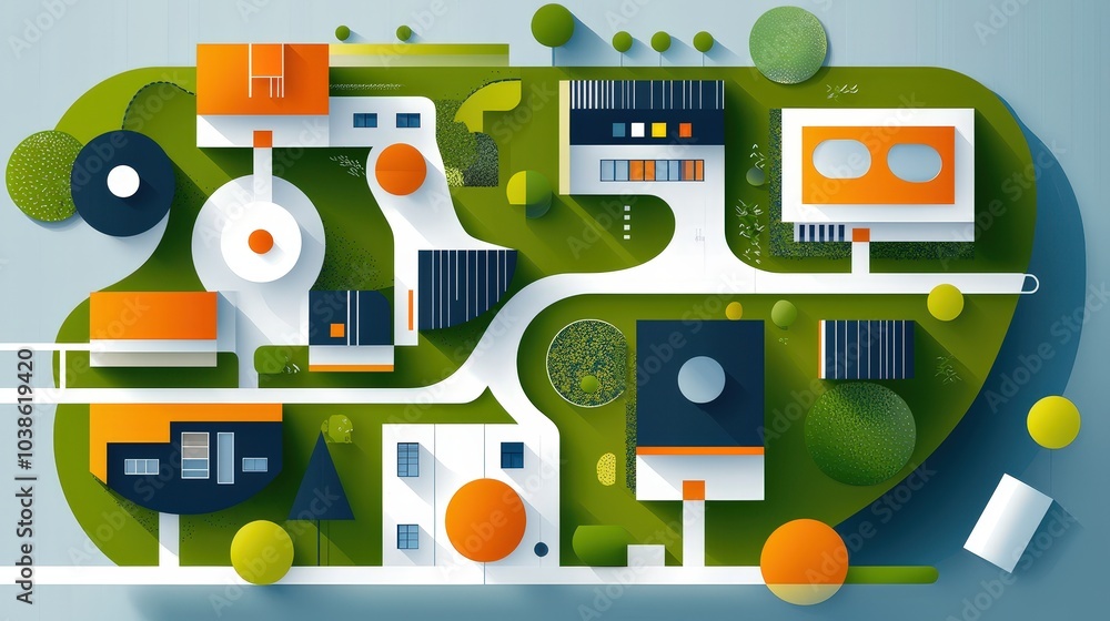 A vibrant and modern abstract illustration of an urban landscape featuring geometric shapes, greenery, and colorful buildings, ideal for design applications. A vibrant and modern abstract illustration of an urban landscape featuring geometric shapes, greenery, and colorful buildings, ideal for design applications.