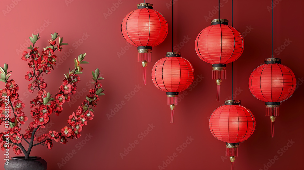 Red lanterns and blooming cherry blossoms against a red backdrop.. Red lanterns and blooming cherry blossoms against a red backdrop..