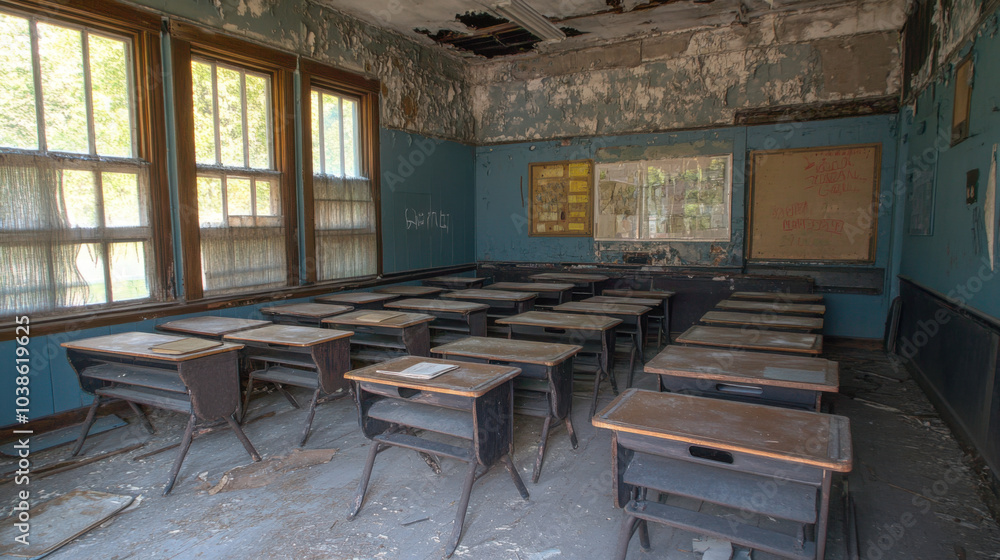 Abandoned classroom with empty desks and dusty windows, evoking sense of nostalgia and neglect. peeling paint and worn furniture tell story of forgotten education Abandoned classroom with empty desks and dusty windows, evoking sense of nostalgia and neglect. peeling paint and worn furniture tell story of forgotten education