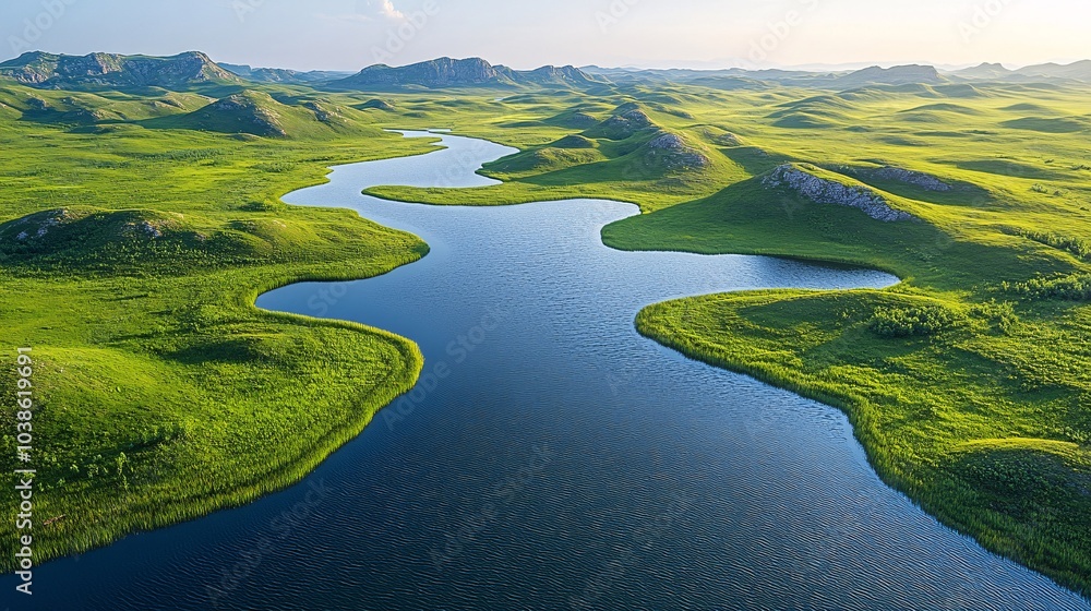 Aerial View of Lush Green Grassland and Serene River Aerial View of Lush Green Grassland and Serene River