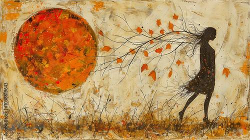 Abstract silhouette of woman with autumn leaves and orange sun..