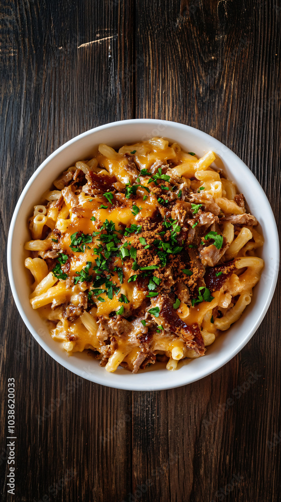 Delicious macaroni and cheese with pulled pork, bacon, and parsley is ready to devour