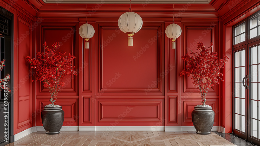 Elegant Red Interior with Cherry Blossom Vases and Hanging Lanterns.. Elegant Red Interior with Cherry Blossom Vases and Hanging Lanterns..