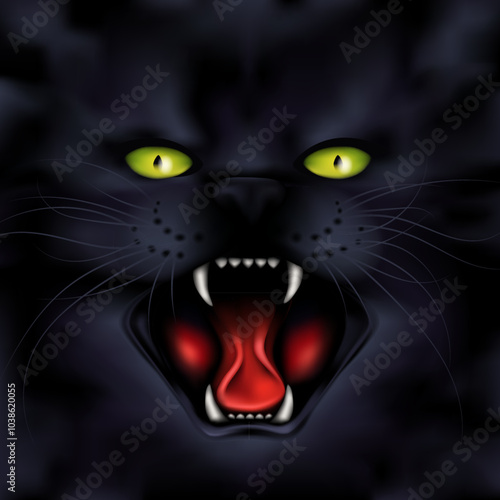Angry hissing black cat. Open mouth. Halloween poster. Horror creepy party night. Vector illustration eps10. Invitation banner, flyer template. Realistic design. Monster with scary fangs.