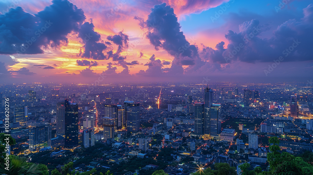 Fototapeta premium Colorful Sunset Over a Vibrant City Skyline with Glowing Lights..
