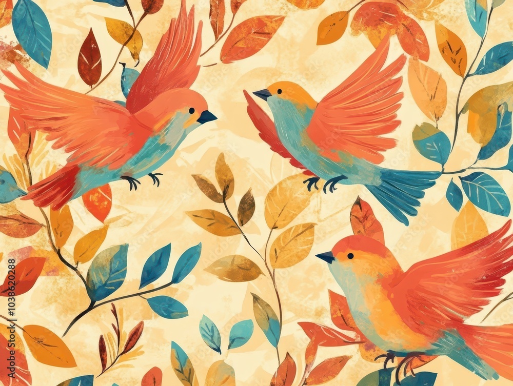 Vibrant illustration of colorful birds in flight surrounded by autumn leaves on a textured background. Vibrant illustration of colorful birds in flight surrounded by autumn leaves on a textured background.