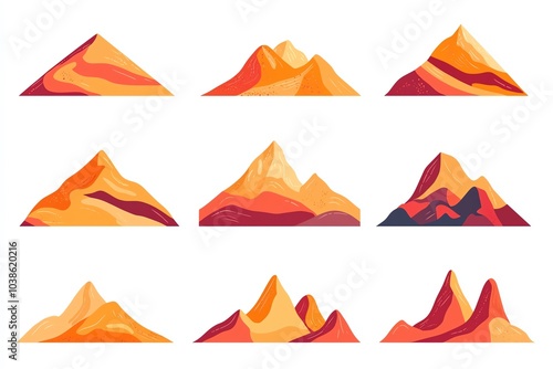 Colorful abstract mountain peaks in various shapes and sizes with a vibrant orange palette.