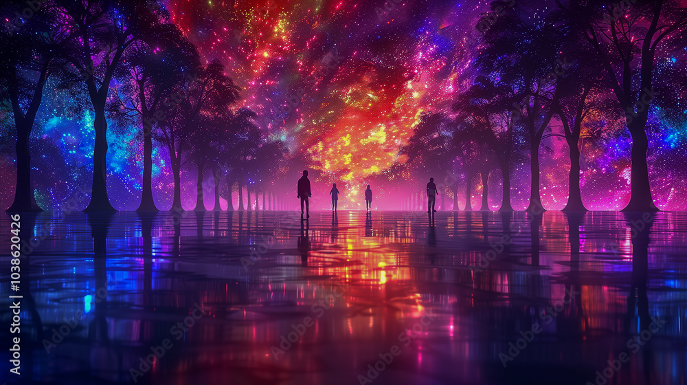 Surreal Cosmic Walkway with Vibrant Night Sky and Reflections Surreal Cosmic Walkway with Vibrant Night Sky and Reflections