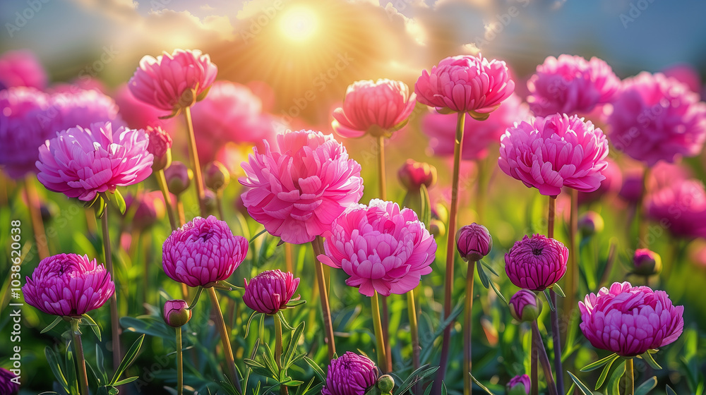 Vibrant Pink Flowers Blooming in a Sunlit Field at Sunset.. Vibrant Pink Flowers Blooming in a Sunlit Field at Sunset..