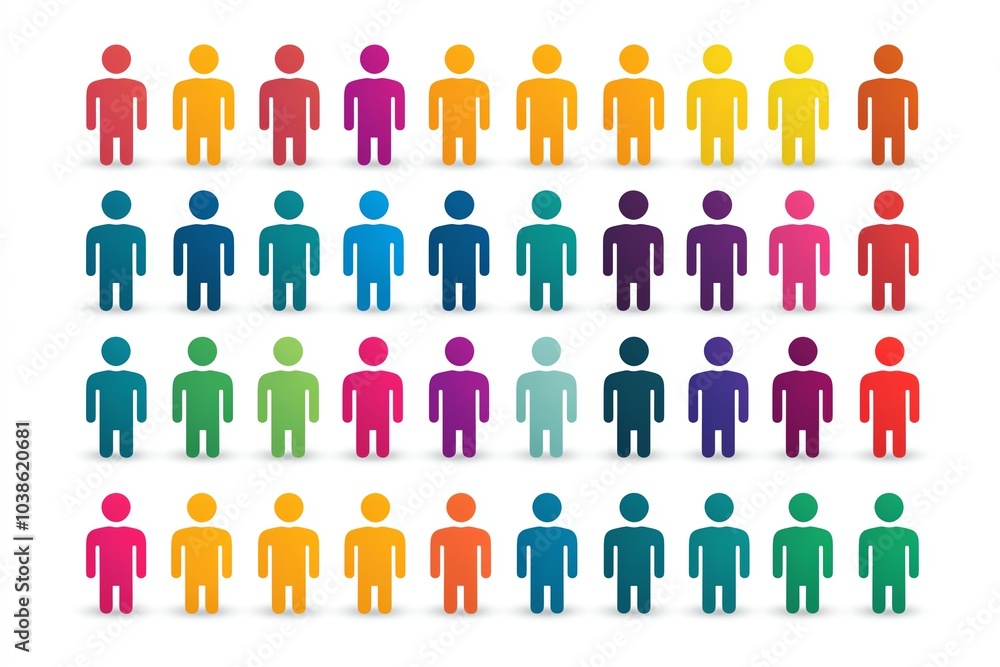 Colorful silhouettes of diverse people standing in a grid, ideal for representing unity and diversity. Colorful silhouettes of diverse people standing in a grid, ideal for representing unity and diversity.