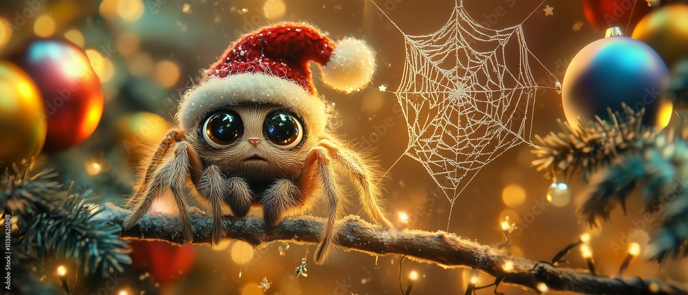 Funny spider in a red hat on a Christmas tree. Blurred background with a space to copy on the right. Funny spider in a red hat on a Christmas tree. Blurred background with a space to copy on the right.