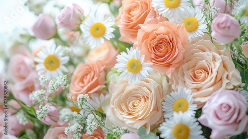 Beautiful Bouquet of Peach Roses and White Daisies Close Up