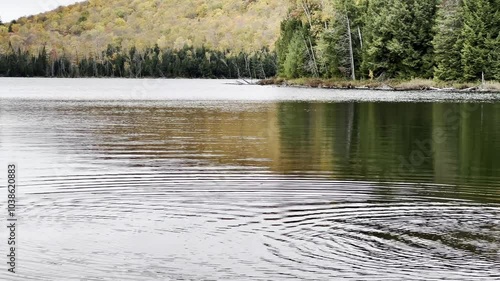 Serene Autumn Lake with Rippling Water and Forested Hills in the Background