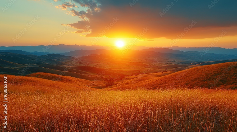 Golden Sunset over Rolling Hills with Dramatic Sky Landscape Golden Sunset over Rolling Hills with Dramatic Sky Landscape
