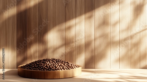 Coffee Beans in Wooden Bowl on Rustic Tabletop Background